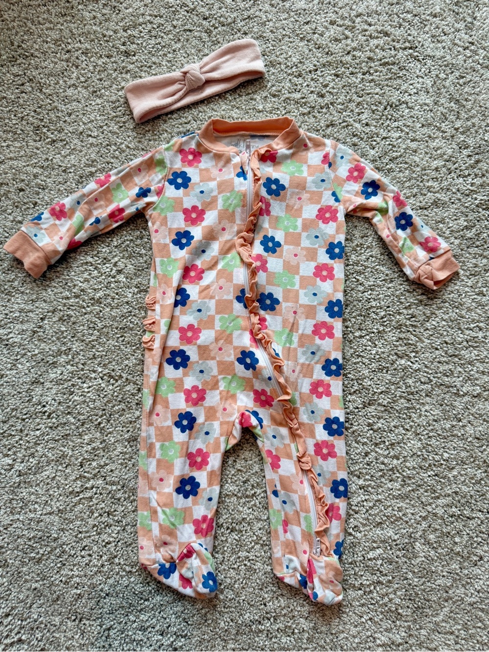 Milkbaby bamboo Baby girl floral checkered footie pajamas with headband.